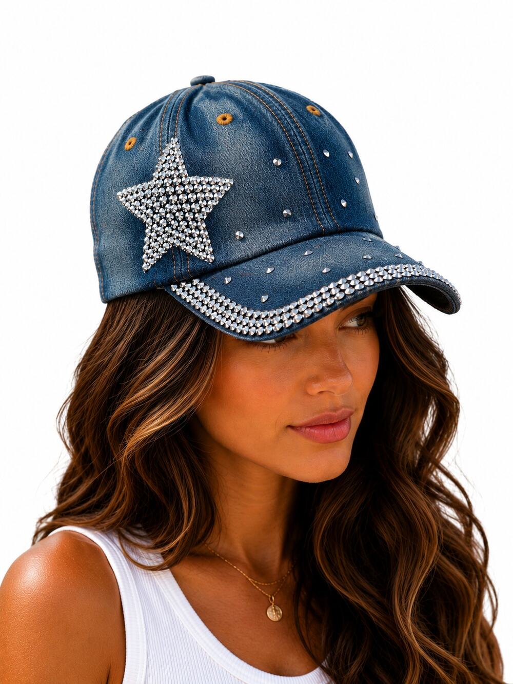 Rhinestone Star Denim Baseball Cap Bling Studded Y2K Adjustable Hat
